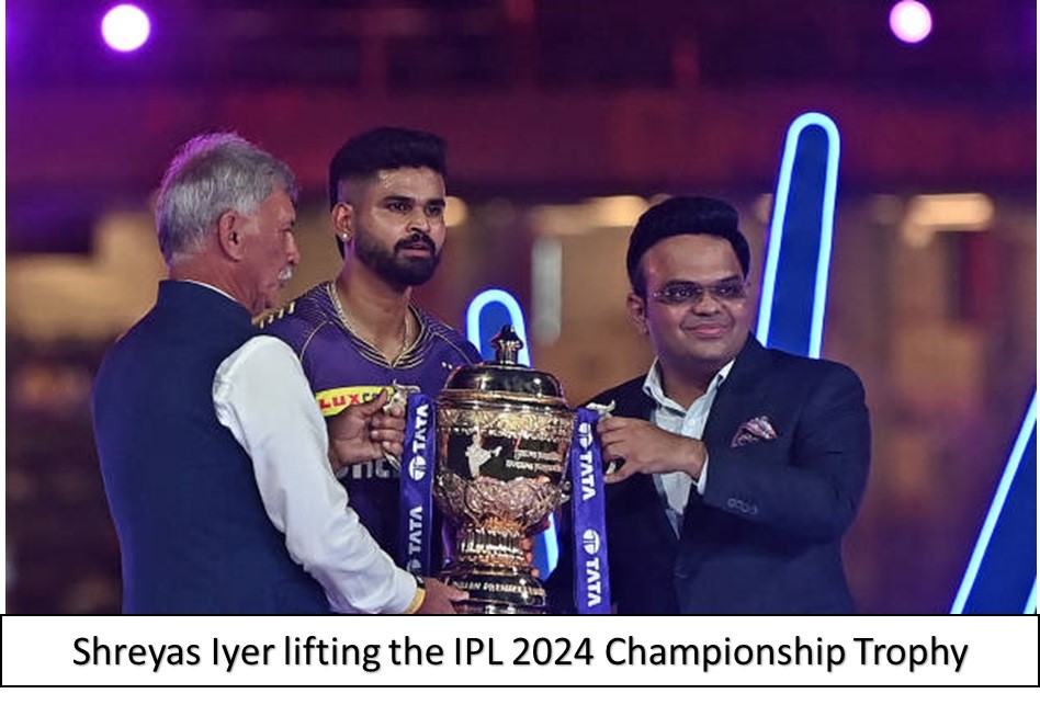 shreyas oyer lifting the IPL 2024 championship trophy